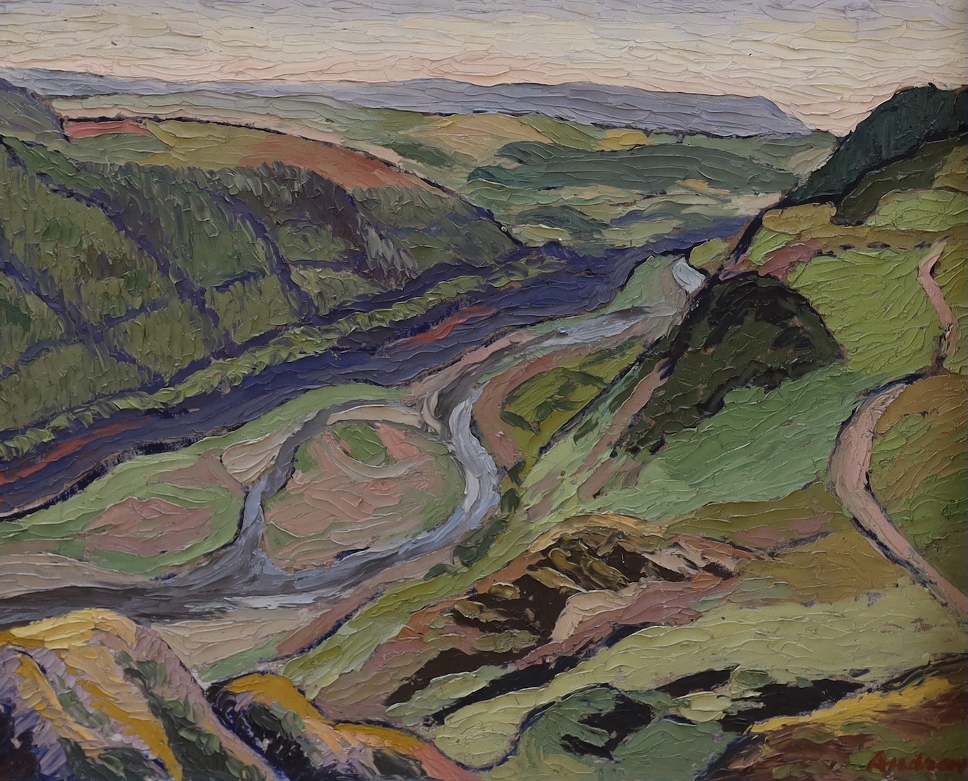 Charles Andrew, two oils on board, 'The Ystwyth Valley' and 'Train on a viaduct', both signed, 40 x 50cm, frames differ